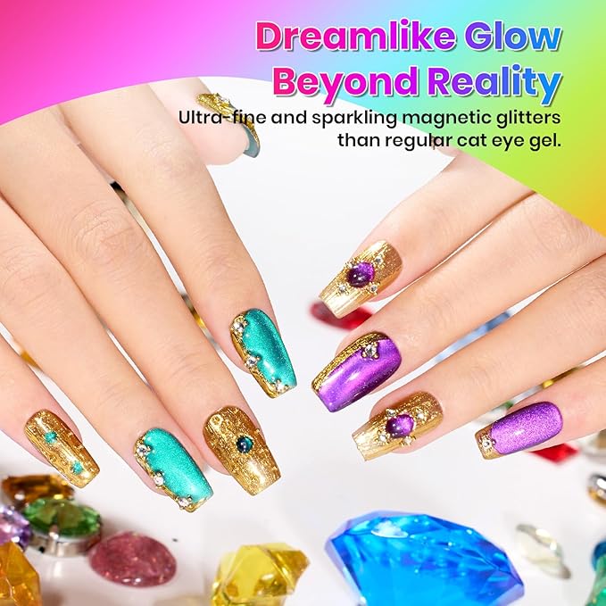 Beetles Fairy Prism Cat Eye Gel Nail Polish Set - 6 Colors Glitter Cat Eye Gel Polish Kit Red Green Blue Pink Purple Magnetic Shine Soak Off UV Salon DIY Manicure Spring Gift for Women