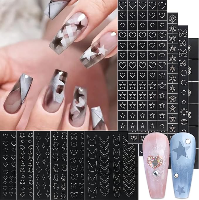 JERCLITY 10 Sheets Airbrush Stencils Nail Stickers for Nail Art Self-Adhesive Heart Butterfly Flower Snowflake Star French Tip Nail Decals Stencils Tool for Women Girls Manicure Accessories