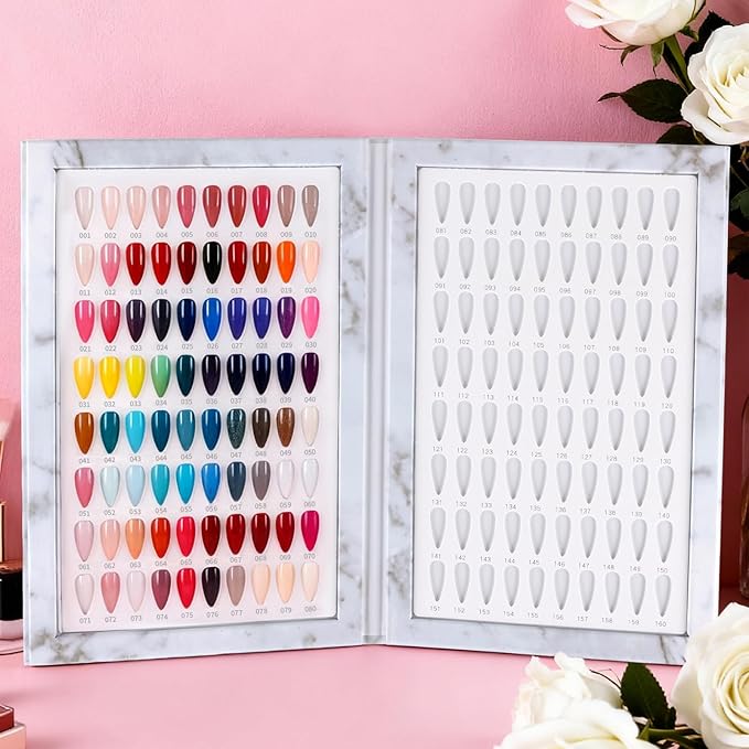 JAPCHET 2 Pack 160 Nail Colors Display Books, with 320 Transparent Replacement Flase Tips and Number Labels, Nail Polish Swatch Book Nails Art Display Book Nails Practice Card Design Board