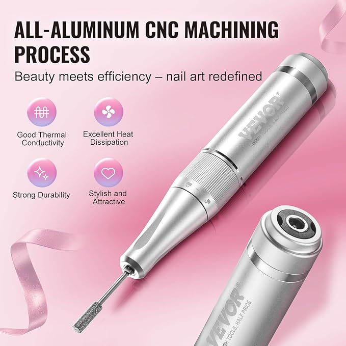 VEVOR Electric Rechargeable Nail Drill, 40,000RPM Portable Cordless Nail E File Machine, LCD-Display Acrylic Gel Grinder Tool with 6 Bits and 50PCS Sanding Bands for Manicure Pedicure Carve Polish
