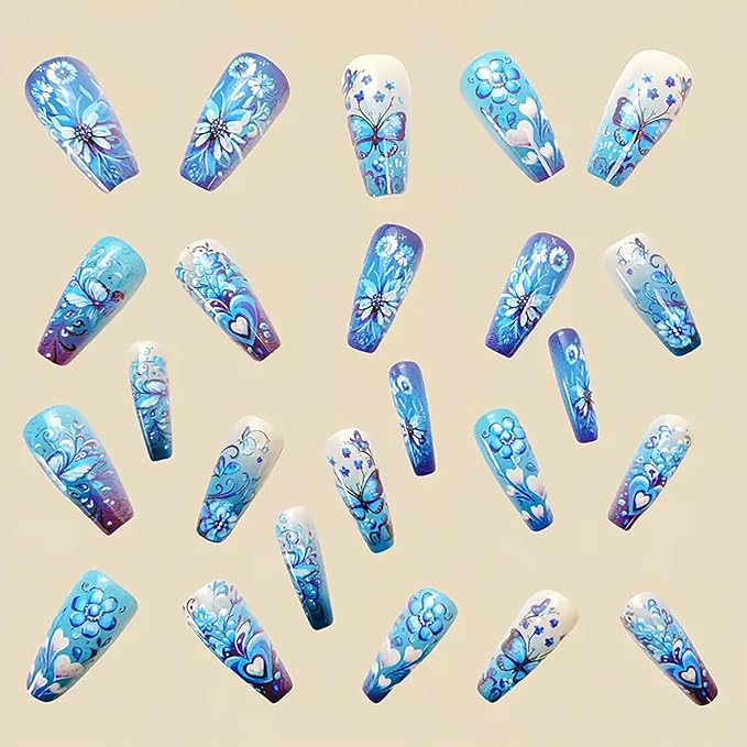 Medium Coffin Fake Nails Flower Press on Nails Spring Glue on Nails Full Cover Butterfly Stick on Nails Reusable Heart Flower False Nails for Women Spring Nails Manicure Kit 24Pcs