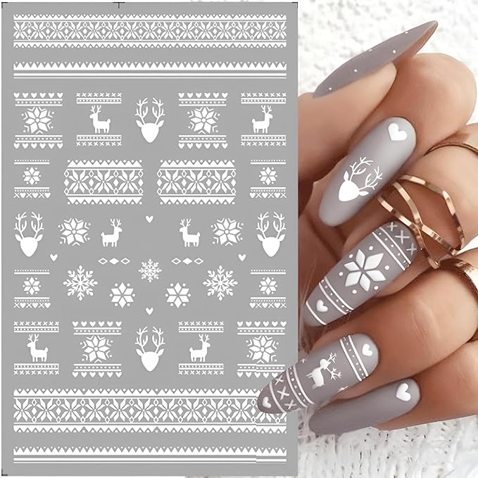 9 Sheets Christmas Snowflake Nail Art Stickers, Winter Romance Nail Decals, White Reindeer 3D Self-Adhesive Nail Sticker, Holiday DIY Manicure Decoration Supplies Accessories for Women Girls