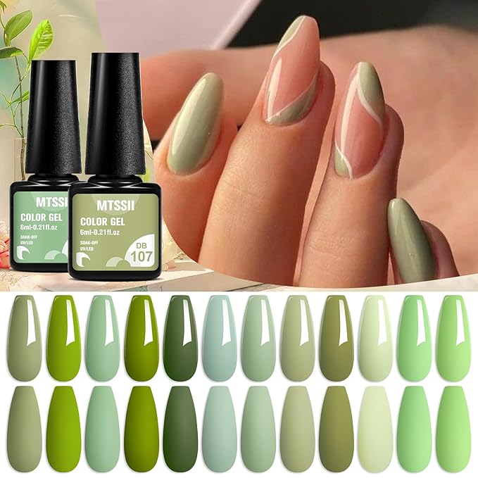 MTSSII Green Gel Nail Polish Set 12 Pcs Sage Green Forest Green Gel Polish Lime Olive Emerald Green Nail Polish Soak Off Gel Nail Kit Holiday Gift Home DIY Salon for Women