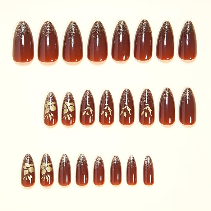 Brown Press on Nails Almond Fake Nails Medium Nails Press Ons with Gold Glitter Design Gold leaf False Nails Glossy Glue on Nail DIY Acrylic Stick on Nail for Women Decorations Set 24Pcs