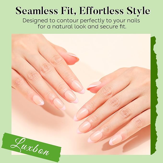 Luxbon Short Almond Press On Nails with No-Cure Nail Glue and Tool Kit – French tip Press On Nails Soft Gel Tips 25-30pcs Full Size Set, Reusable Fake Nails for Women, Salon Look at Home, Light Pink
