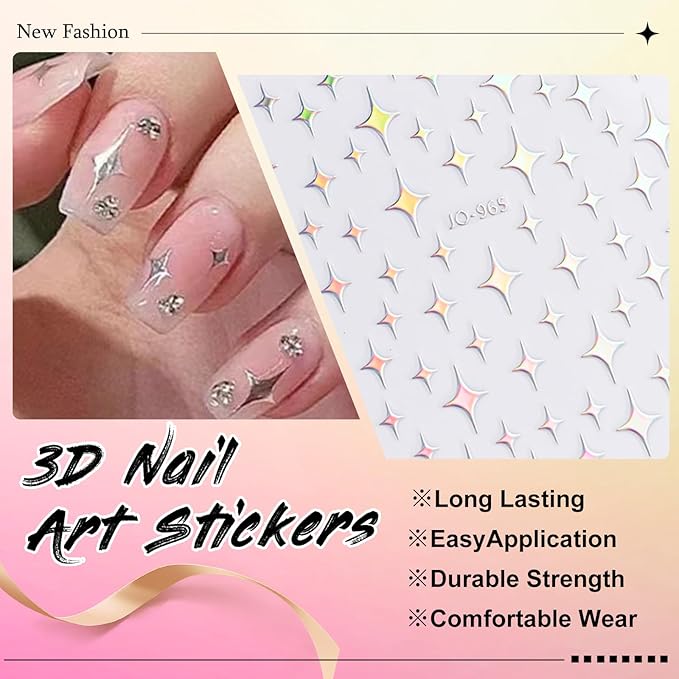 12 Sheets Aurora Nail Art Stickers Star Smiling Face Love Heart Nail Decals Self-Adhesive Pegatinas Uñas Glitter Holographic Nail Sticker for Women Girls Nail Art Design Decor Accessories 807-12