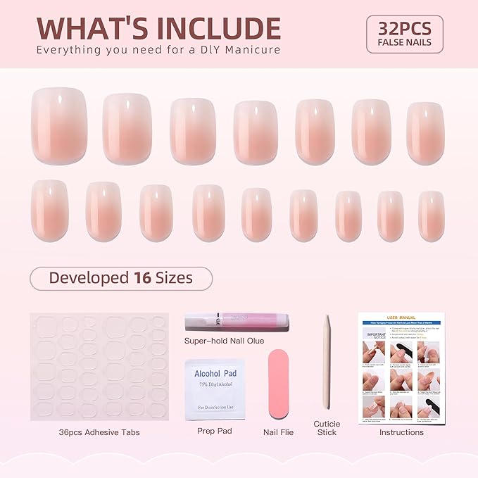 Ombre Press On Nails Square - Short Reusable Soft Gel Art Nails Tips Kit, Fake Nails with Glue, 16 Sizes - 32Pcs