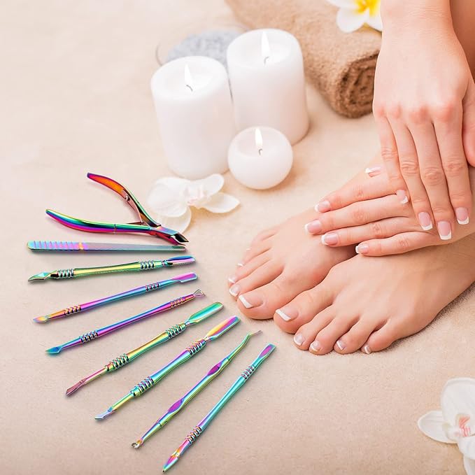 12 Pieces Cuticle Nippers Cuticle Pusher Ingrown Nail Kit Triangle Nail Polish Remover Nail Cleaner Fork Nail File Lifter Cuticle Peeler Scraper for Fingernail Toenail Manicure(Rainbow)