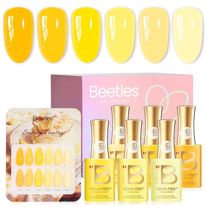 Beetles Yellow Gel Nail Polish Set - Sunny Pantry with Color Card, 6Colors HEMA FREE Yellow Gel Nail Polish Set 15ML/0.51FlOz, Same Color Bottle, Long-Lasting Soak Off UV Lamp Summer Spring Nails Art