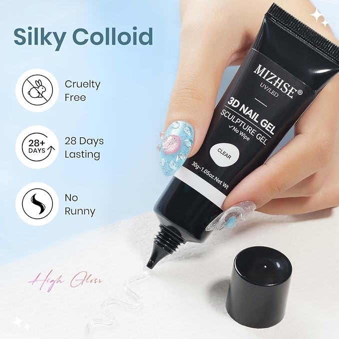 MIZHSE 30g 3D Gel Nail Art, Sculpting Gel Glue for Molding, Drawing, Charms & Gems, Chrome Powder, Rhinestone Design, Clear No Wipe Nail Polish for DIY Winter Christmas Nail Art
