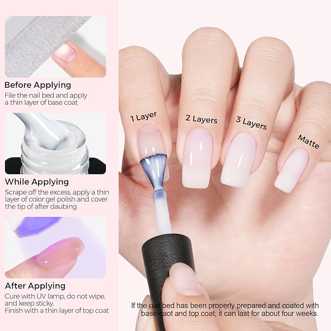 TOMICCA Milky White Gel Nail Polish, Nude Gel Polish Translucent Jelly Gel Polish Natural Color Soak Off UV White Gel Nail Polish for French Manicure