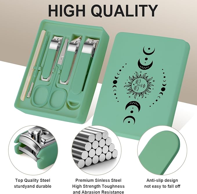 6-Piece Nail Clipper Set with Nail File, Tweezers and ingrown toenail Removal kit Travel Nail kit for Men and Women (Moon Green)
