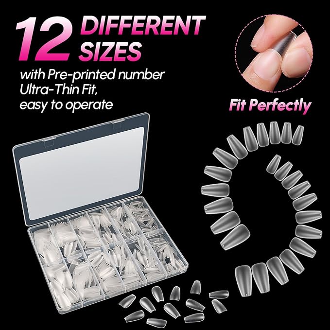 AIMEILI Medium Coffin Nail Tips, 504Pcs Pre-Shape Full Matte Press On Nail Fake Nails for Nail Extension Full Cover False Nails Gelly Tips DIY Nail Salon 12 Sizes