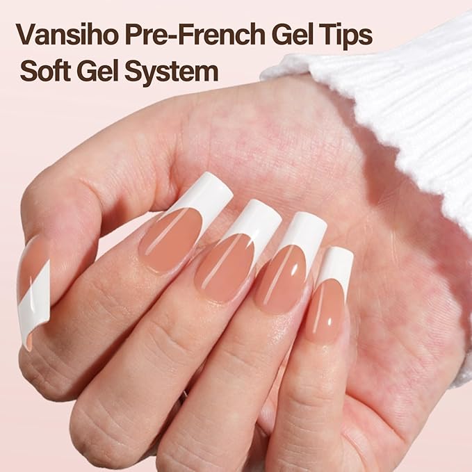 Vansiho French Nail Tips, 150Pcs Long Square Brown Gel Nail Tips, French Tips Press on Nails, Square 3 in 1 Pre-French Gel Tips, Fake Nails for Nail Art DIY 15 Sizes