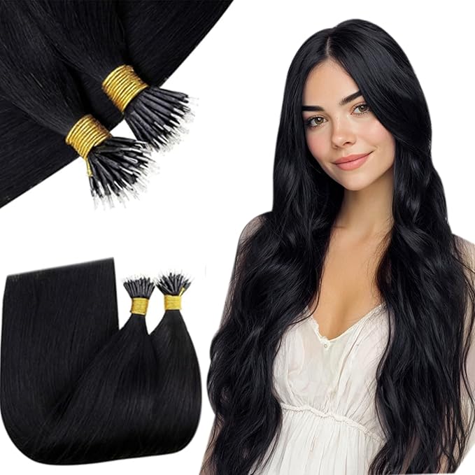 RUNATURE Nano Bead Hair Extensions Human Hair Jet Black Nano Ring Hair Extensions 16 Inch Nano Extension Human Hair Straight Black Hair for Women 50g 50 Strands