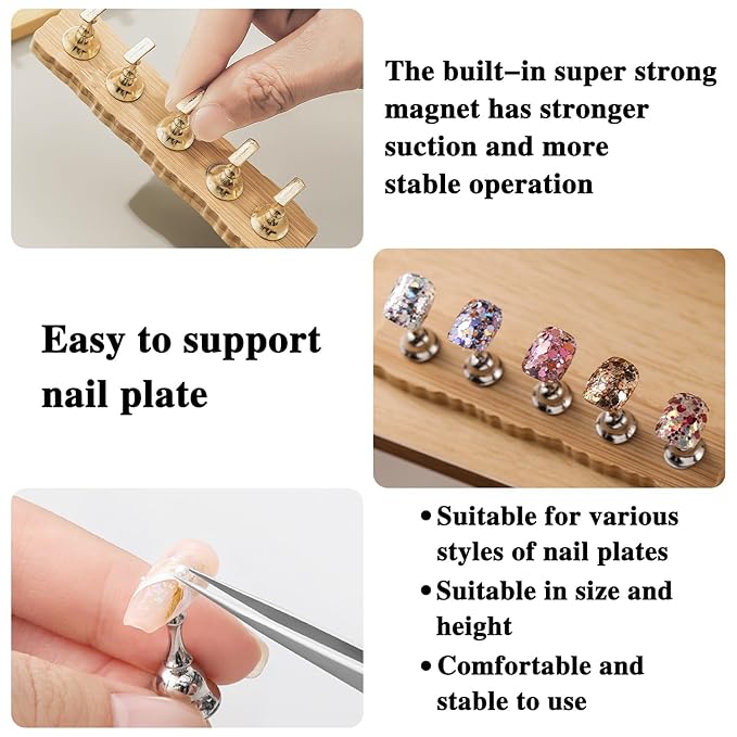 DANNEASY 2 Set Nail Stand for Press on Nails with 96pcs Reusable Refills Wooden Nail Holder for Painting Nail Display Magnetic Nail Hand Acrylic Practice Fake Nails Manicure Tool