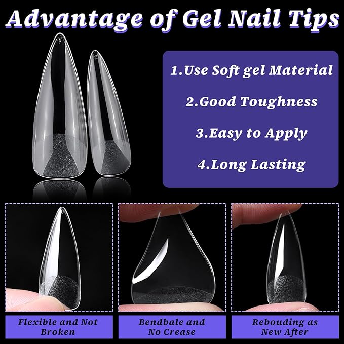 240pc Stiletto Gel Nail Tips Long Fake Nails Clear Press ons Nail, Long Stiletto Nails Tips Acrylic Nails Extension Soft Gel Nails Tip Full Cover Pointy False Nail Clear Artficial Fingernails