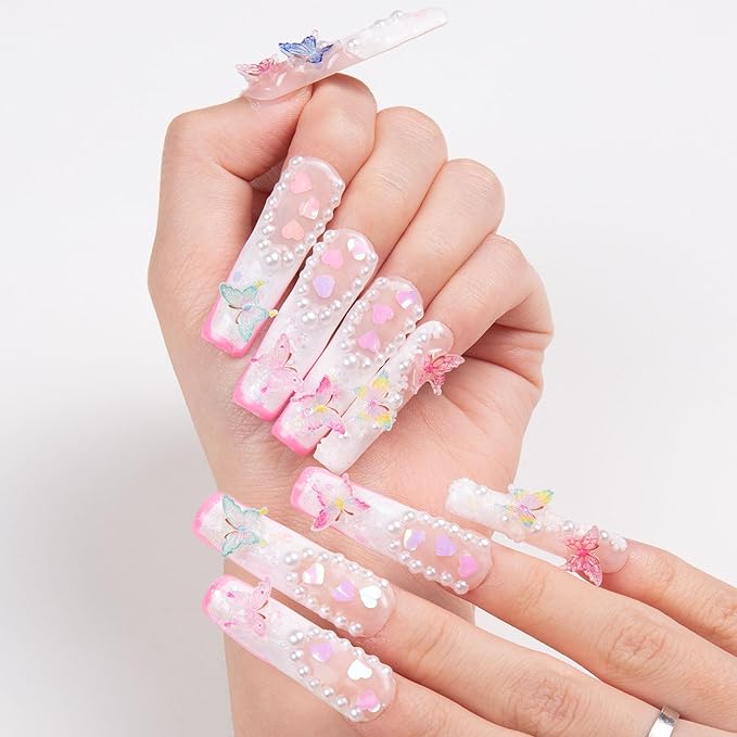 LOVFUL Press on Nails Tipsy Butterfly| Handmade with Full Covered Crystals| Reusable Fake Nails| Square Mid length 1.7in| H184-S