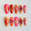 Luxury Press on Nails Medium Almond Handmade 3D Unique Reusable ABS Material Fake Nails Tropical False Nails with Designs Flower Rhinestones Art Petal Glossy Glue on Nails Thick Acrylic Nails(S)