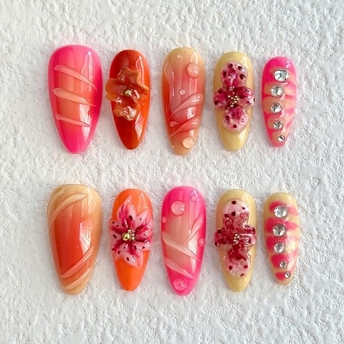 Luxury Press on Nails Medium Almond Handmade 3D Unique Reusable ABS Material Fake Nails Tropical False Nails with Designs Flower Rhinestones Art Petal Glossy Glue on Nails Thick Acrylic Nails(S)