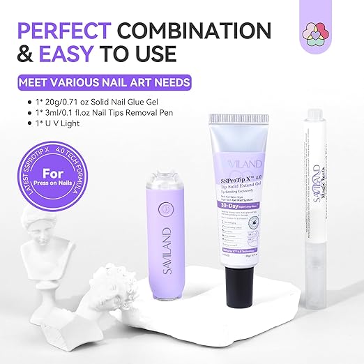 SAVILAND Pro Solid Nail Glue & Remover Kit: 30-Day Solid Adhesive Kit with U V Lamp 20g Gel & 3ml Fast Nail Glue Remover Pen for X Nail Gel Extension System