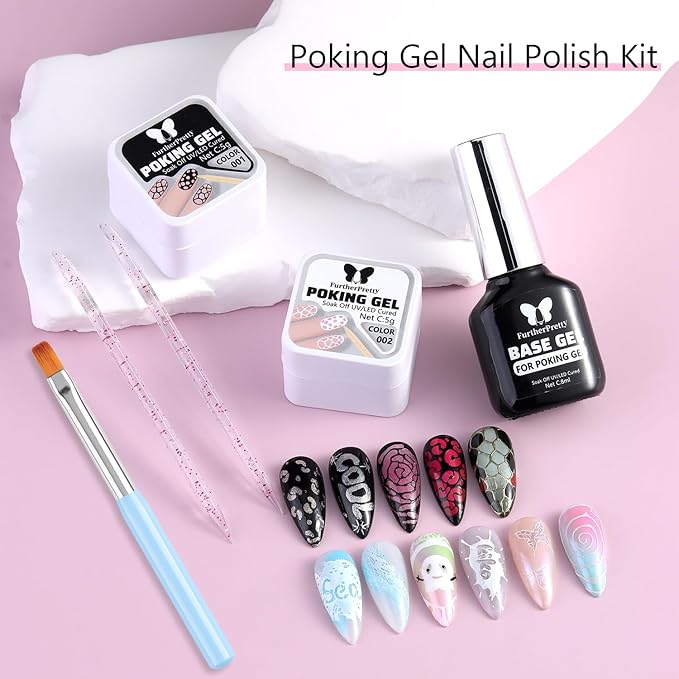 Magic Gel Nail Polish Kit, Black & White Poking Gel Polish with Poke Base Coat for Lace, Wave, Butterfly, Graffiti Letter Nail Designs, DIY Drawing Painting Manicure Supplies with Brush