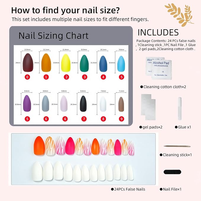 Abstract Marble Press-On Nails (Orange/Pink/White), Matte-Gloss Almond Shape, Reusable Fake Nails Set