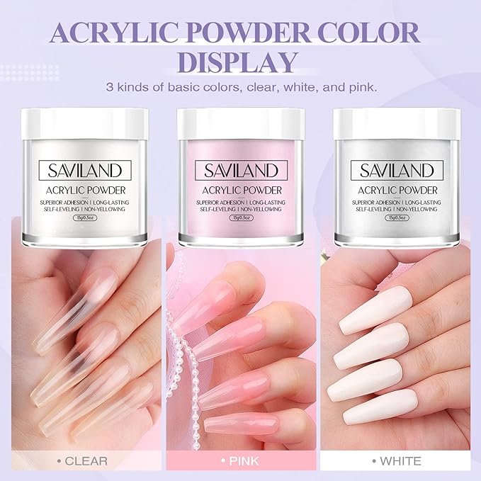 Saviland Acrylic Nail Kit for Beginners: 0.5 Oz Clear White Pink Acrylic Powder, 1.7 fl oz Acrylic Liquid, #8/10/14 Brushes, 100Pcs Nail Forms & Manicure Tools Professional Nail Kit Acrylic Set