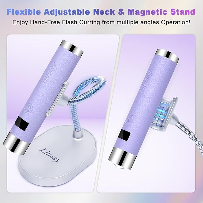 Mini UV Light for Nails with Auto Sensor & Gooseneck Stand,Portable Cordless Nail Lamp Flash Cure Lamp with LCD Display,Handheld UV Light for Gel Nails at Salon & Home Use (Purple)