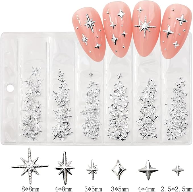 400pcs Gold Silver Star Nail Charms - 3D Star Nail Jewelry Rhinestones Supplies Accessories for Women Girls