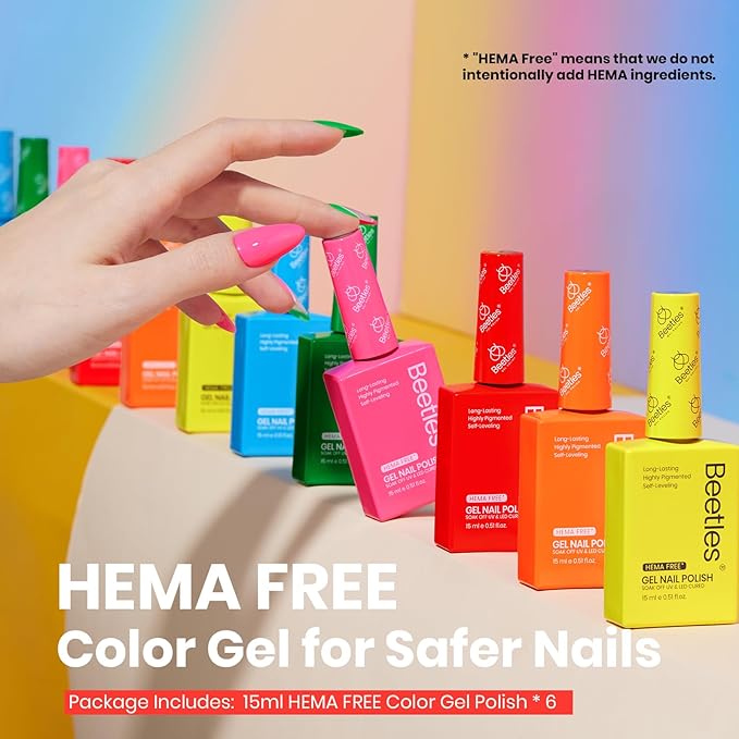 Beetles Gel Nail Polish Set, 6 Colors Hema-Free Neon Rainbow Hot Pink Red Yellow Orange Polish Kit 15ML Full Size Soak off Uv Led Lamp Nail Art Salon Colorful Bottle Manicure