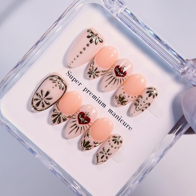 Press On Nails - Short Almond Handmade Unique Fake Nails, Artistic Design, Thick Acrylic and Muti-Layer Gel False Nails, Reusable UV Gel Cured Sturdier 3D Fake Nails,DIY Art Decorate