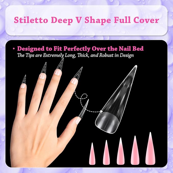 outopen 240pcs Long Straight Sharp Stiletto Nail Tips Clear Matte Full Cover Nail Extension Tips Long Stiletto Spiky Nail Tips Gel Press on Nails for Polygel Acrylic Extension DIY Manicure, 12 Sizes