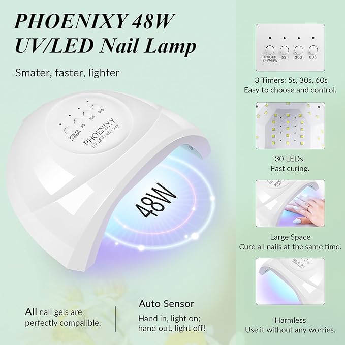 phoenixy Gel Nail Polish Kit with U V Light 48W, 56 Pcs 108 Effects Gel Nail Polish Set Base Glitter Top Coat Manicure Tools Gifts for Women