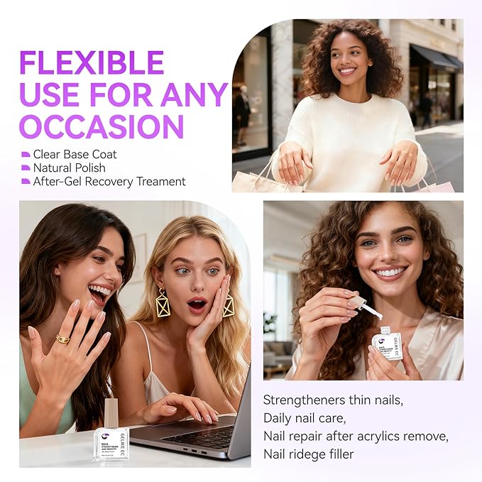 Gelike EC Nail Strengthener and Hardener Polish: Milky Pink Fast Dry Nail Growth Treatment Ridge Filler for Peeling and Weak Nails Long Lasting High Shine Finish for Women Home DIY