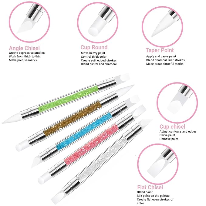 5Pcs Double-Ended Silicone Nail Art Brushes, Dual-Tip Dotting & Sculpting Tools for Gel Polish, 3D Nail Art, Shaping, Drawing, Embossing & Manicure Clean Up-Colorful