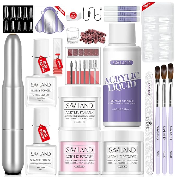 SAVILAND Acrylic Nail Kit with Drill: 15g White Pink Clear Acrylic Powder and Liquid, 100 Nail Forms, Brushes, Primer, Top Gel, Extension Tools Kit for Beginners Home DIY & Salon Use