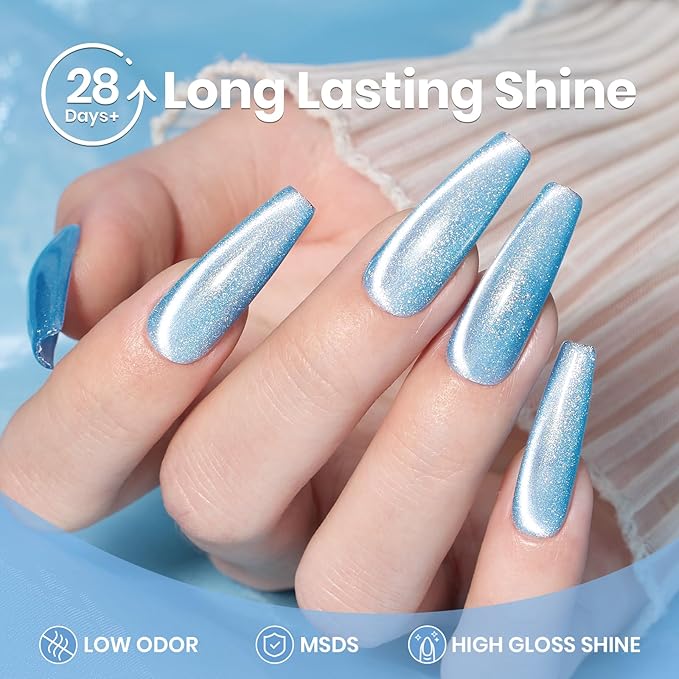 Beetles Blue Cat Eye Gel Polish, 15ML Light Blue Cat Eye Glitter Gel Polish with Magnet Soak Off UV Shimmer Velvet Gel Arctic Aurora Series French Nail Art Design Manicure Gifts for Women