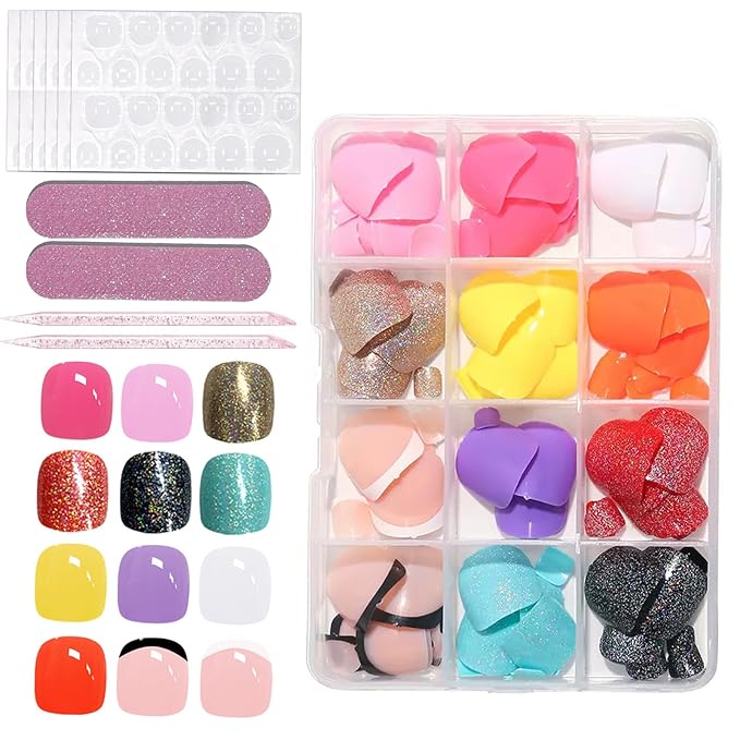 288Pcs Press on Toenails Short Square Toe Fake Nails with Glue Tabs,12 Color Gel Fake Toenails Press ons, Glitter French Glossy Glue on Toenail Acrylic Toes Nails False Presson Stick Toenail for Feet