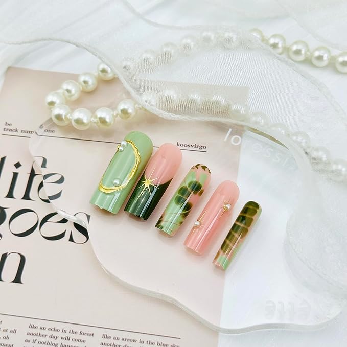 24pcs Green Press on Nails Medium Square French Tip Fake with 3d Gold Star Rhinestones Designs French Tip Artificial Glue on Nails Green Full Cover False Nails Nude Glossy Acrylic Nail decor for Women