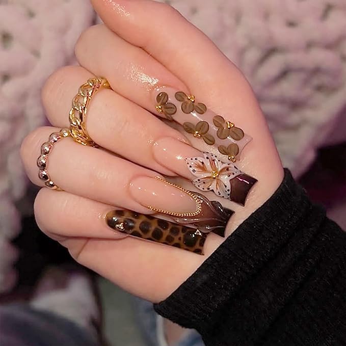 Long Square Press on Nails Fake Nails Artificial Nail Stick on Nail for Women, Brown Leopard Print Design with Delicate 3D Small Petal Flowers, Gold Bead and Crystal Rhinestone Embellishments 24pcs