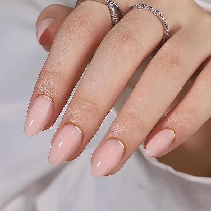 Pink Soft Gel Press on Nails Short Almond Shaped Glue on Nails Glossy Solid Color False Nails Golden Line French Thickened Fake Nails Full Cover Acrylic Nails for Women Nail Accessories 30 Pcs