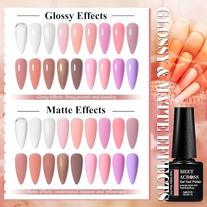MEET ACROSS 18Pcs Nude Pink Rubber Builder Base Gel Nail Polish Set Brown 2 IN 1 Builder Gel Nail Kit Soak Off Rubber Base Gel Polish Nail Art Gifts