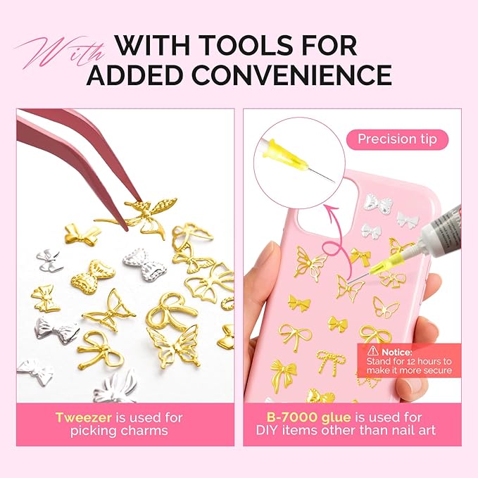 MelodySusie 3D Nail Charms and Gems, 2 Acrylic Boxes Bowknot Golden Silver Alloy Butterfly Bow Nail Art Studs With Tweezer for Y2K Manicure Nails Design Supplies DIY Crafts Decoration