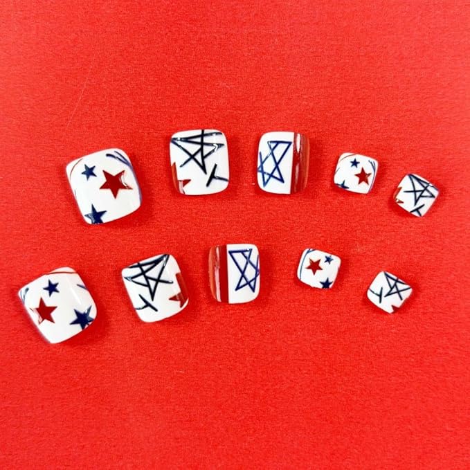4th of July Press on Toenails Short Square Glue on Toenails with Red Blue Star Design Striped Lines Stick on Toenail Independence Day False Toenail Summer Fake Toenail for Women Manicure 24Pcs