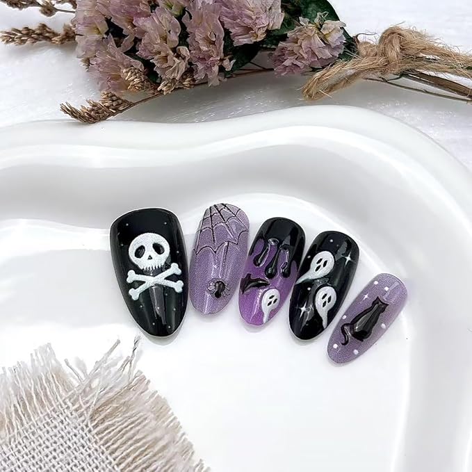 30Pcs Halloween Press on Nails Medium Almond Fake Nails Gothic Ghost Skull Bat Spider False Nails with 3D Blood Design Black Purple Glossy Glue on Nails Full Cover Artificial Stick on Nail for Women