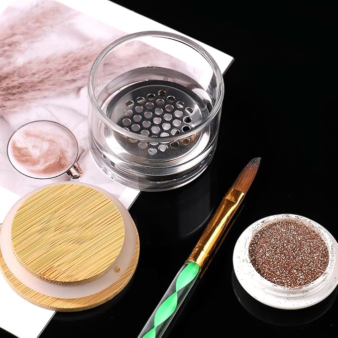 2Pcs Glass Nail Art Brush Cleaner Cup Acrylic Liquid Powder Dappen Cup Dish Nail Pen Brush Washing Cup Container Glassware with Wooden Lid & Stainless Steel Filter for Nail Art Manicure Care Tools