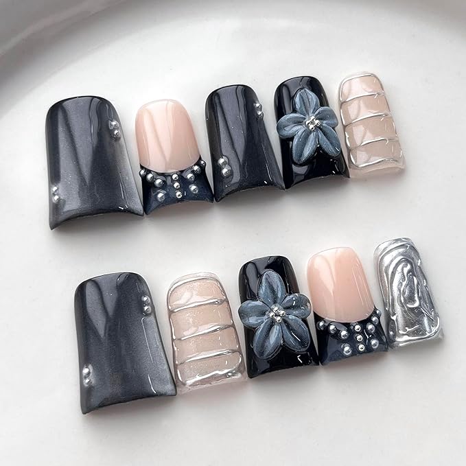 French Tip Press on Nails Handmade Short Duck 3D Flower Thick Acrylic Nails Black Sparkly False Nails with Pearls Silver Chrome Powder Designs Glossy Fake Nail Sturdy Art Press on Nail 10Pcs(M)