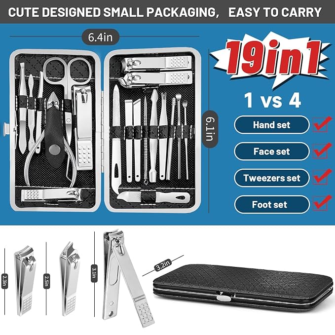 Manicure Pedicure Kit, Nail Clipper Tools Set Exra Thick Personal Care Women’s Grooming Kit Christmas Gifts for Men Husband Boyfriend Parent Nail Care Tools with Travel Case pack of 19