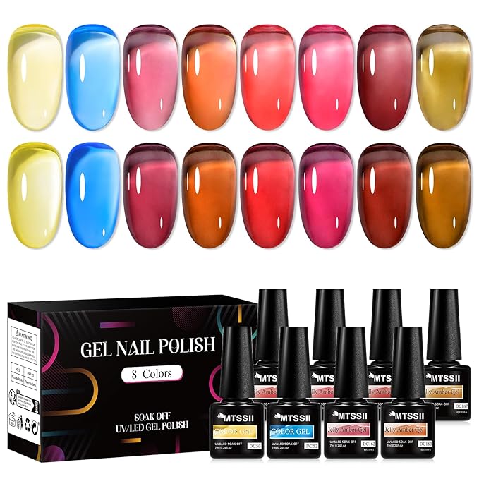 MTSSII Jelly Gel Nail Polish of 8 Transparent Burgundy Wine Red Gel Polish Set Crystal Hot Pink Brown Amber Nail Polish Kit Nail Art Varnish Manicure Collection Gift